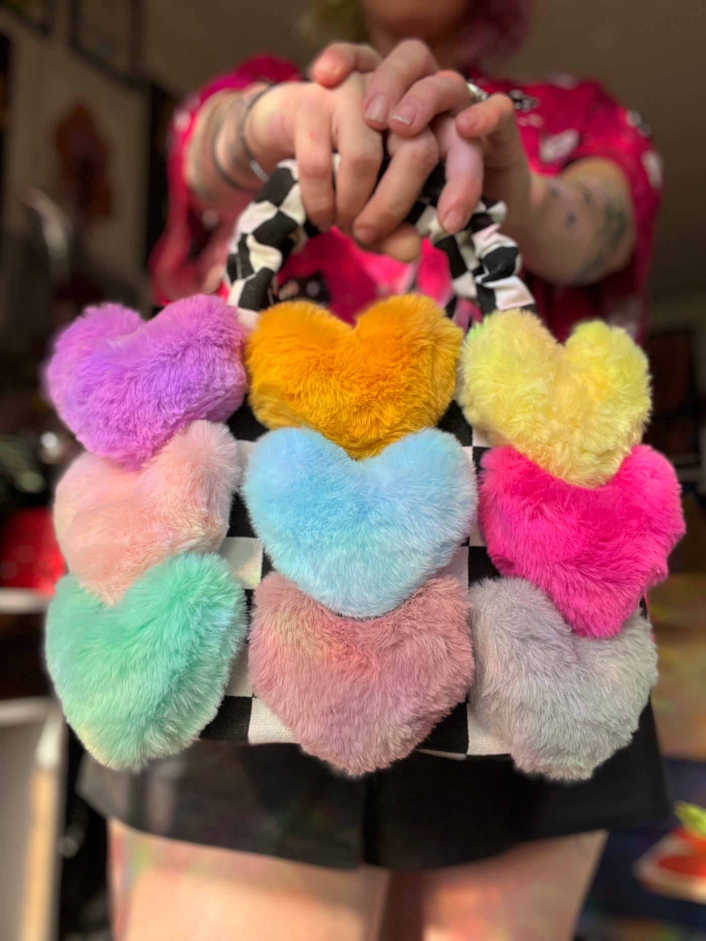 Sensory Overload Checkers and Fuzzy Hearts Purse