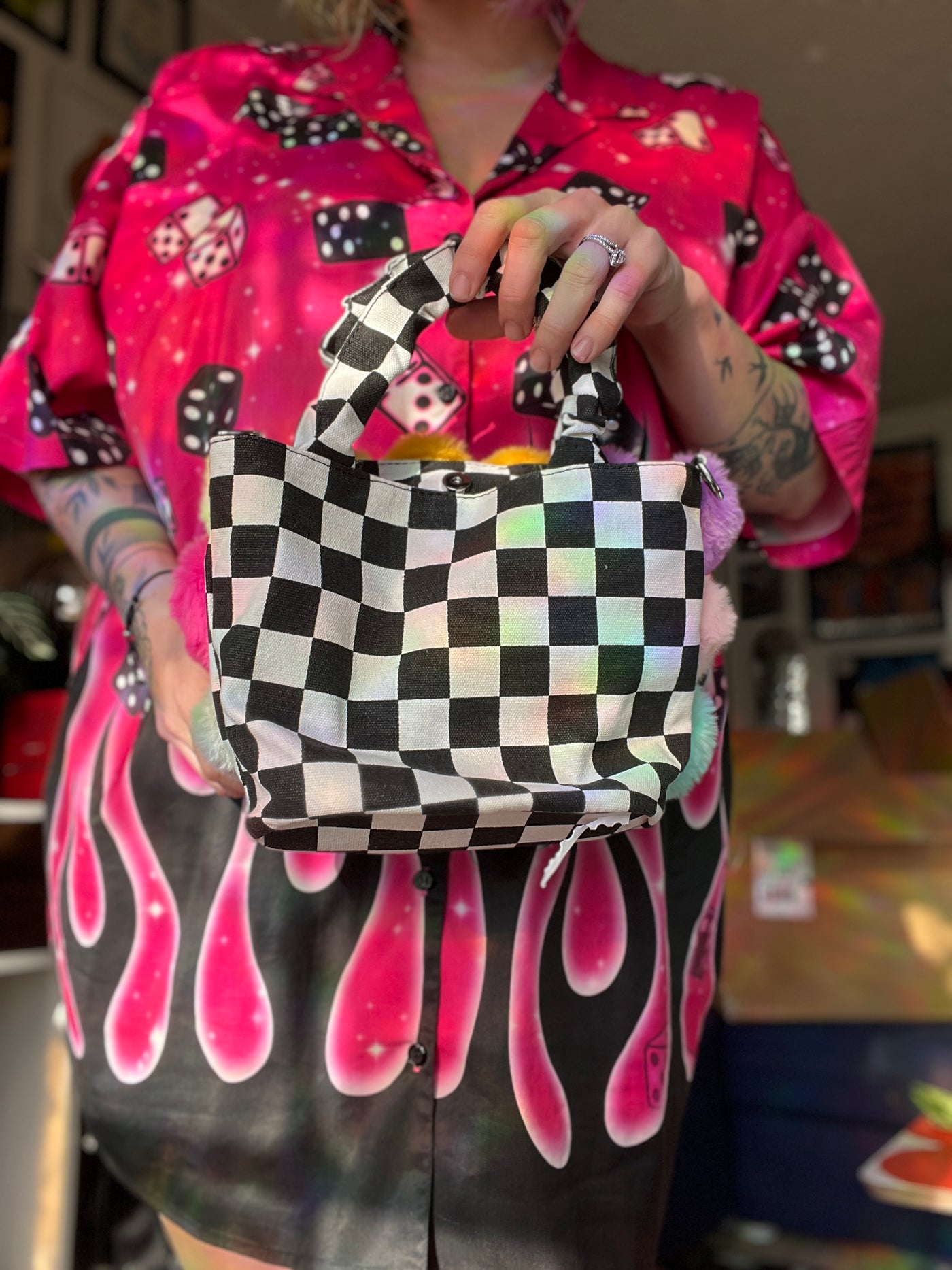 Sensory Overload Checkers and Fuzzy Hearts Purse