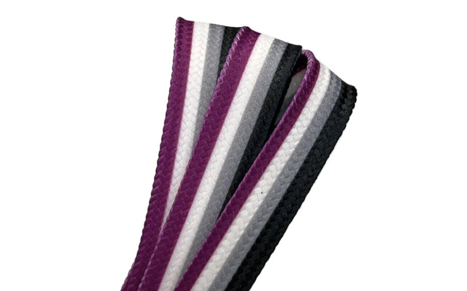 Ace Stripe Laces – 96 inch STYLE Waxed Roller Skate Laces - Purple, white, gray, and black stripes