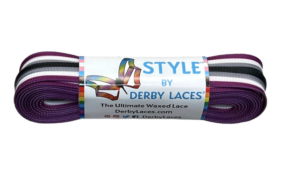 Ace Stripe Laces – 96 inch STYLE Waxed Roller Skate Laces - Purple, white, gray, and black stripes