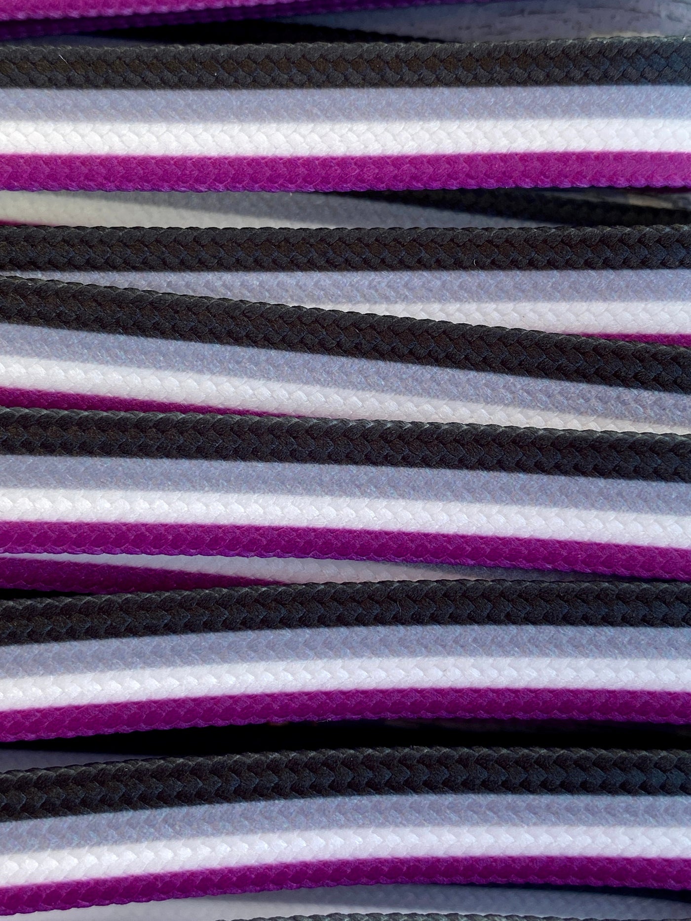 Ace Stripe Laces – 96 inch STYLE Waxed Roller Skate Laces - Purple, white, gray, and black stripes